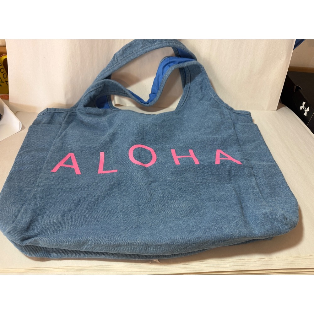 Aloha Blue Denim Tote Bag Pink Graphic Large Shoulder Beach Bag with Pockets